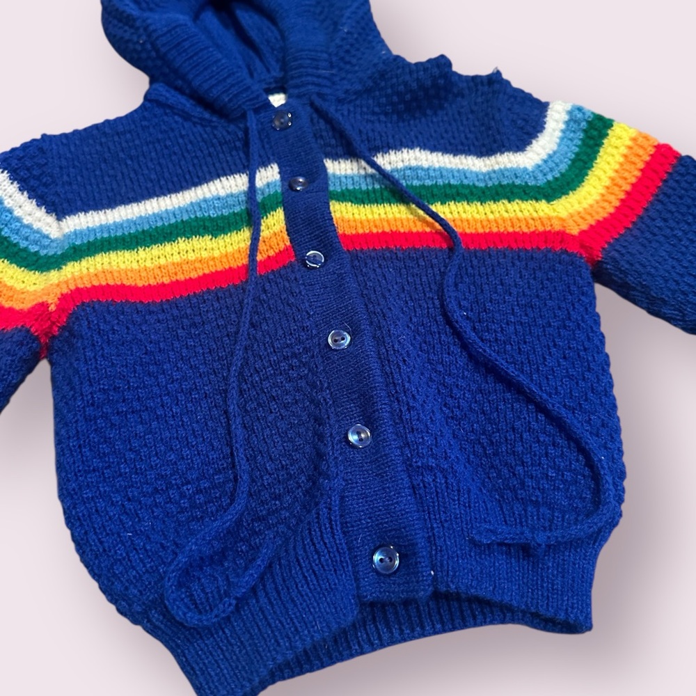 Vintage Baby Blue Rainbow Colorful Hooded Knit Cardigan Sweater Sz 18 Mon - Picture 3 of 10